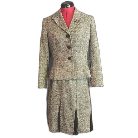 Kasper Skirt Suit Women's Size 8P Black & Grey Tweed Wool & Silk 2-Piece Set - Picture 1 of 14